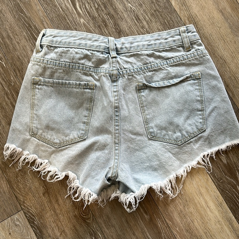 SHEIN | Blue Jean Shorts Distressed Frayed Hem Mid Rise - Picture 9 of 11